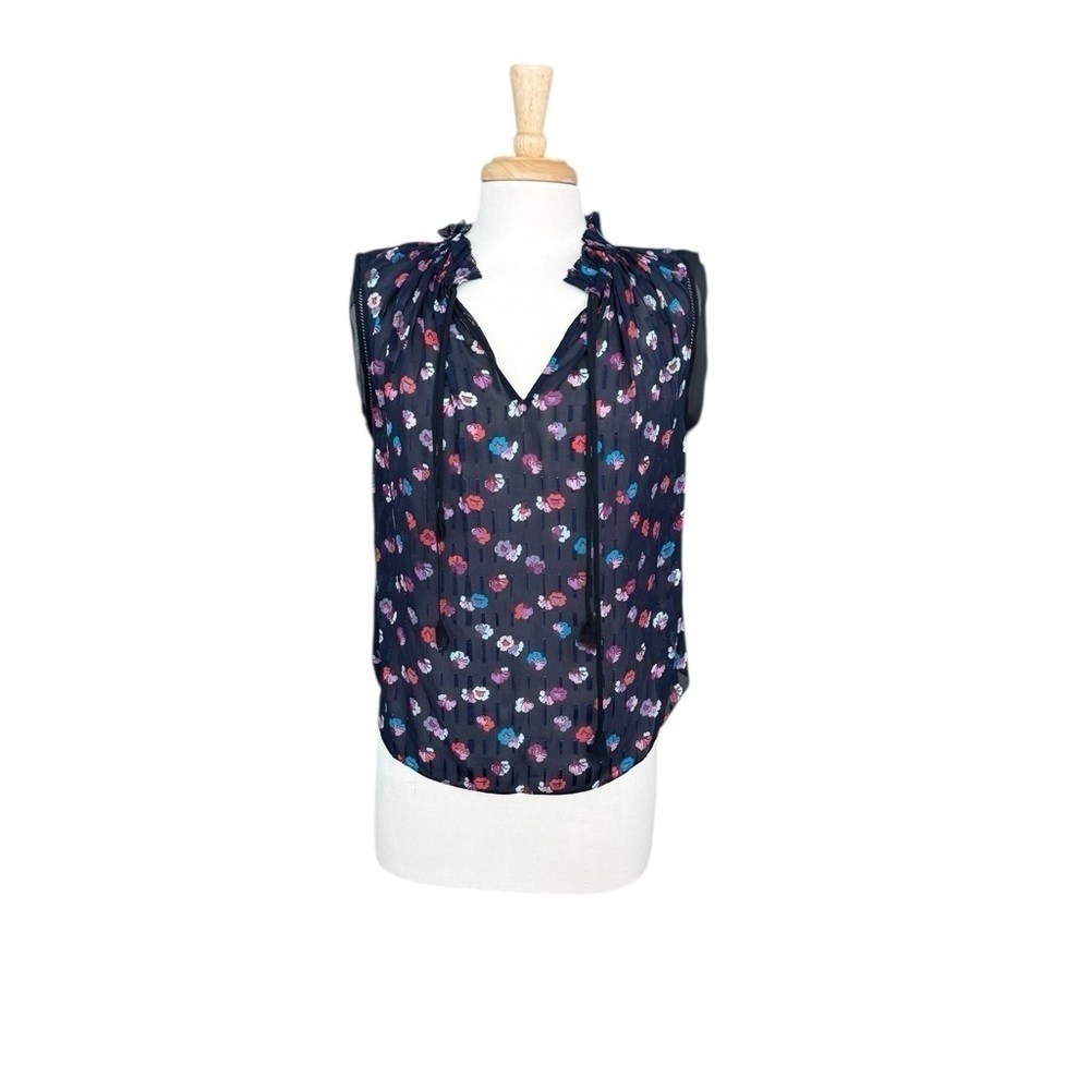 Rebecca Taylor Navy Foral Sakura Clip Silk Top Size Small